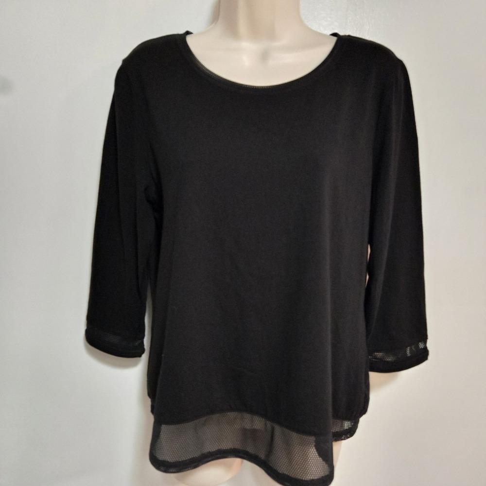 Chico's Size 1 (M) Black 3/4 Sleeve Round Neck Solid Tee T-shirt w/ Mesh‎ Detail